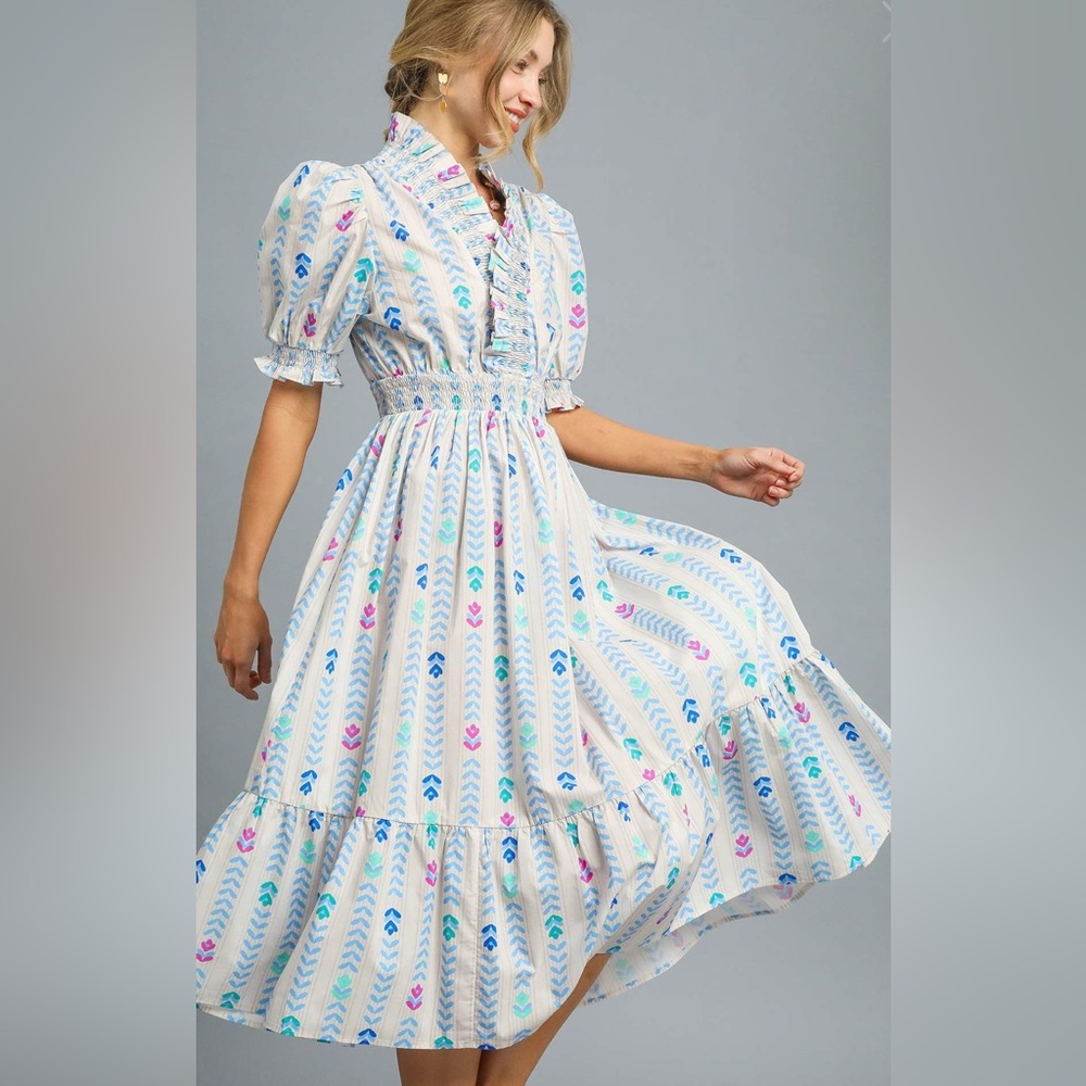 Vibrant ruffle smocked midi dress women’s